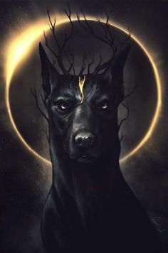 a black dog with horns on its head and the moon in the sky behind it