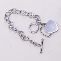 "6.75\", 9mm, Vintage sterling silver handmade circle bracelet, solid 925 silver chain with diamond heart charm and toggle closure, Stamped 925" Everyday Silver Metal Heart Bracelet, Metal Heart Bracelet With Toggle Clasp, Metal Heart Bracelet With Toggle Clasp As Gift, Everyday Silver Nickel-free Heart Bracelet, Heart-shaped Charm Bracelet With Toggle Clasp As Gift, Silver Nickel-free Heart Bracelet For Everyday, Heart Charm Bracelet With Toggle Clasp For Gift, Silver Heart Jewelry With Toggle Clasp, Silver Heart-shaped Jewelry With Toggle Clasp