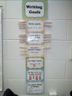 a bulletin board with writing goals written on it