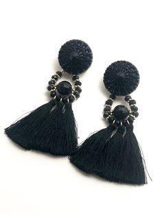 "LARGE BLACK TASSEL AND BEAD EARRINGS *price includes free shipping in the USA Let's get this party started with these large tassel and bead earrings. These totally fun earrings can be worn to your next ladies night out or even while on vacation; they totally say, \"lets dance!\" + These earrings measure 4\" or 10 cm from top to bottom + The circle at the top is 1.25\" or 3 cm in diameter **PRICE INCLUDES FREE SHIPPING IN THE USA" Bachelorette Party Gift, Earrings Big, Party Earrings, Christmas Gift For Her, Lets Dance, Ladies Night, Big Earrings, Earrings Black, Fun Earrings