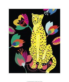 a yellow cheetah sitting in front of flowers on a black background with butterflies