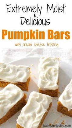 an image of pumpkin bars with cream cheese frosting on top and text overlay