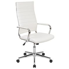 a white office chair with wheels on the back and seat upholstered to the side