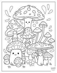 an adult coloring page with lots of mushrooms