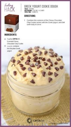 a cookie dough in a glass jar with chocolate chips on the top and an ad for michael's post