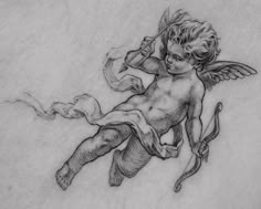 a pencil drawing of an angel with a bow and arrow in his hand, sitting on the ground