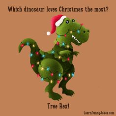 a christmas card with a dinosaur wearing a santa hat and lights on it's neck