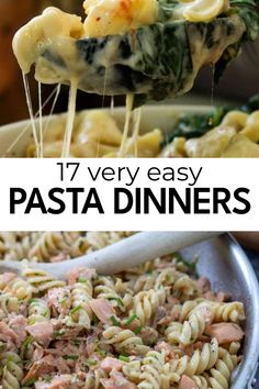 pasta with ham and spinach is being served in a skillet