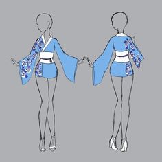 the back and side view of a woman's dress with blue flowers on it