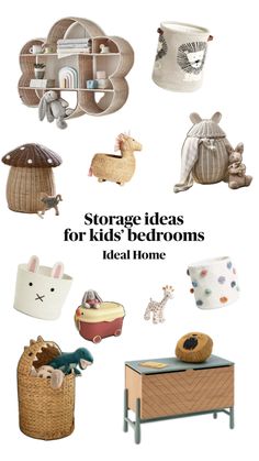 the cover of storage ideas for kids'rooms ideal home, featuring baskets and toys