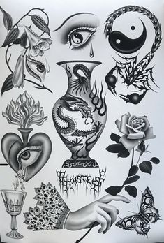 black and white drawing of various tattoos on a piece of paper, including roses, hearts, dragon, vases