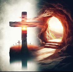 an image of a cross in the middle of a cave with light coming from it