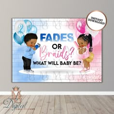 a baby girl and boy are standing in front of a sign that says fadess or bridals?