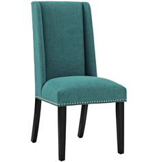 a blue upholstered chair with studded trimmings on the legs and back