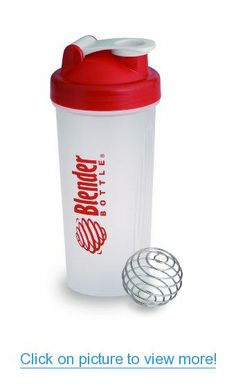 a blender bottle with a red lid next to a whisk ball on a white background