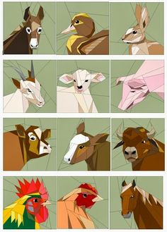 several different types of farm animals are depicted in this graphic art work, each with an individual's own face