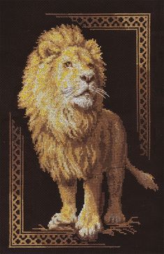 a cross - stitch picture of a lion with an ornate frame around it's neck