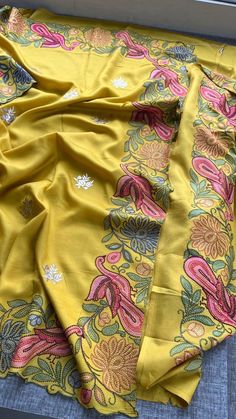 *FABRIC OF SAREE -  Pure Munga Silk  *Fabric of blouse_* - Pure Silk Blouse  Work-Embroidered Work Embroidered Silk Blouse Piece In Yellow, Semi-stitched Yellow Saree With Floral Embroidery, Yellow Embroidered Silk Blouse Piece, Yellow Embroidered Raw Silk Blouse Piece, Yellow Embroidered Art Silk Blouse Piece, Yellow Anarkali Embroidered Fabric With Floral Details, Yellow Anarkali Fabric With Floral Embroidery, Yellow Chanderi Saree With Floral Embroidery, Yellow Silk Embroidered Fabric In Traditional Drape