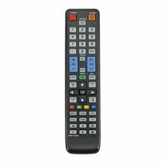 the remote control is black and has buttons on each button, which are different colors