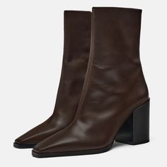 New With Tag 100% Leather Ankle Boots. Block Heels. Pointed Toe. Side Zip Closure. Heel Height: 3.5 Inches (9 Cm) Size Eu39/Us8 Upper 100% Cow Leather Lining 90% Polyester 10% Polyurethane Sole 100% Sbs Insole 100% Goat Leather Brown | 2118/210 S215 Zara Block Heel, Brown Ankle Boots, Goat Leather, Zara Shoes, Dream Shoes, Leather Ankle Boots, Cow Leather, Side Zip, Heeled Boots