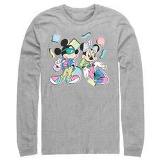 Who knew that dressing "mousey" could be so cute!? Celebrate Walt Disney's most iconic character with this officially licensed Mickey & Friends 80s Minnie and Micky Mouse Men's Long Sleeve T-Shirt, featuring Mickey and Minnie looking cool dressed in retro, groovy clothing across the front with colorful confetti and geometric shapes in the background. This graphic tee is perfect for the whole family, so grab one for yourself or a loved one today! Groovy Clothes, Men's Long Sleeve T-shirt, Sleeve Packaging, Graphic Tee Design, Mickey Mouse And Friends, Mickey And Friends, Mens Graphic Tee, Tee Design, Retro Outfits