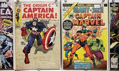 the captain america comics are on display