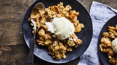 two black plates topped with granola and ice cream