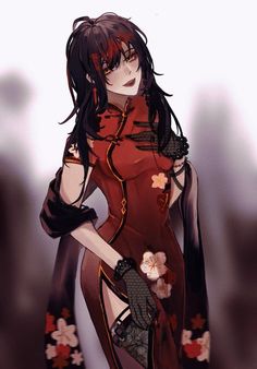 an anime character with long black hair wearing a red dress and holding her hand on her hip