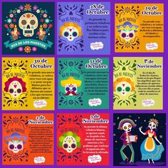 a set of mexican day of the dead cards with skulls and flowers on them, in different colors