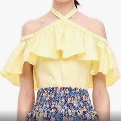 Never Worn, Like New Spring Sleeveless Off-shoulder Top With Ruffles, Chic Yellow Off-shoulder Tops, Yellow Ruffle Top, Draw Anime, Rebecca Taylor, Ruffle Top, Halter Neck, Cold Shoulder, Top Blouse