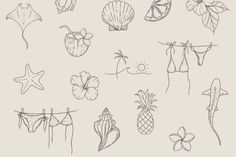 a drawing of various items that are hanging out to dry on the clothes line, including pineapples and umbrellas