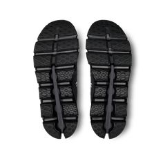 the soles of a pair of black shoes on a white background, top view