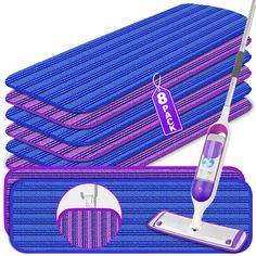 a blue and purple rug with a mop on it, next to six cleaning mats