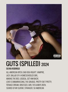 a poster with the words guts spelled in white and black on it, against a purple background