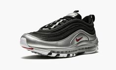 This Nike Air Max 97 offers a modified take on the Nike runner's original "Silver Bullet" Colorway with updated color blocking.  The upper sports black mesh with tonal overlays, while shiny metallic silver makes a statement towards the mudguard and sole.  Red branding hits the side panel, tongue, and heel tab.  As it’s done for over two decades, the Nike Air Max 97 hosts a foam sole with full-length Max Air cushioning. Air Max 97 Grey, Nike 97 Air Max 97, Nike Air Max 97 Reflective, Nike Air Max 97 Black, Nike Air Max 97 Gold, Air Max 97 Silver Bullet, Nike Runners, Nike Air Max 97, Black Mesh