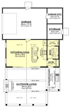 the floor plan for this house shows the living area and kitchen, as well as the garage