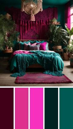 a bedroom with pink, green and purple colors