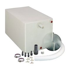 a white box with hoses and fittings on the side, in front of it