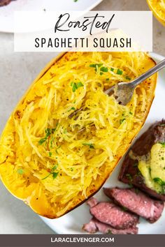 spaghetti dish on a plate with meat and vegetables in the background text reads, roasted spaghetti squash