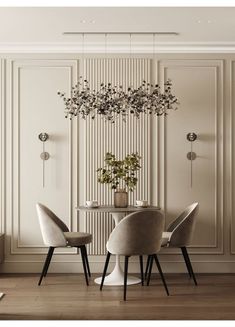 an elegant dining room with white walls and chairs