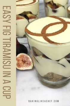 desserts are arranged in glass bowls on a table with figs and other fruit