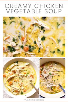 creamy chicken vegetable soup in a white bowl with two pictures showing the same side dish