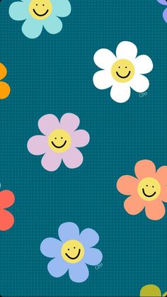 colorful flowers with smiling faces on blue background