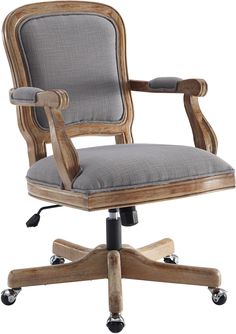 an office chair with wheels on the back and seat upholstered in grey fabric