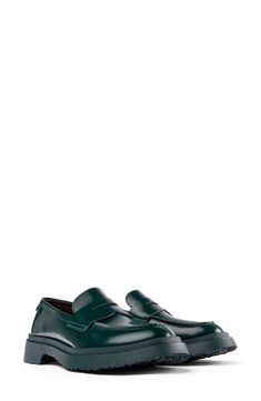 A chunky crepe sole designed for optimal traction helps you take confident strides in this glossy leather loafer designed with comfort in mind. Removable insole Leather upper/recycled-polyester and leather lining/rubber sole Imported Loafer Women, Penny Loafer, Penny Loafers, Loafers For Women, Leather Loafers, Dark Green, Penny, Rubber Sole, Leather Upper