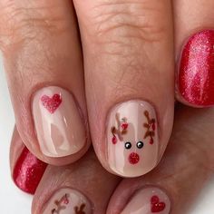 Festive Reindeer Nail Ideas | Christmas Manicure Ideas to Try this season | Xmas Rudolf Reindeer Gel Mani Ideas #christmasnails Cute Christmas Nails Reindeer, Reigndeer Nails, Cute Gel Christmas Nails, Reindeer Nail Designs, Christmas Reindeer Nails, Rudolph Nails, Sns Ideas, Christmas Shellac Nails, Reindeer Nail Art