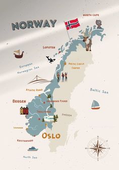 an illustrated map of norway with people on it