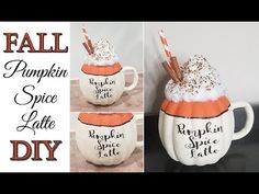 pumpkin spice latte mugs with fall decorations