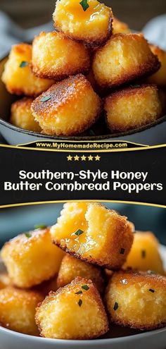 two plates with some food on top of them and the words southern - style honey butter cornbread poppers