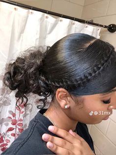 #curlyhairstyle #3chair #fishtail Natural Hair Prom Hairstyles Curly, Low Ponytail With Swoop For Black Women, Slicked Curly Hairstyles, Curly Ponytail With Braid, Silk Back Bun, 2 Curly Buns, Curly 3c Hairstyles, Side Part Slick Back Bun Natural Hair